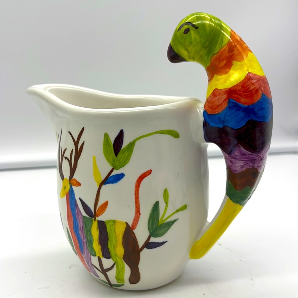 “Estanzuela” Mexican Pottery: Creamer with Hand Painted McCaw Parrot Bird Handle